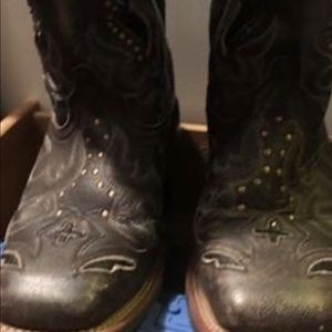 Distressed Black Gold Studded Square Toe Boots